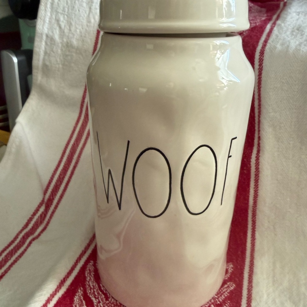 Rae Dunn Cream Ceramic Dog Treat Jar with Black Lettering “WOOF”